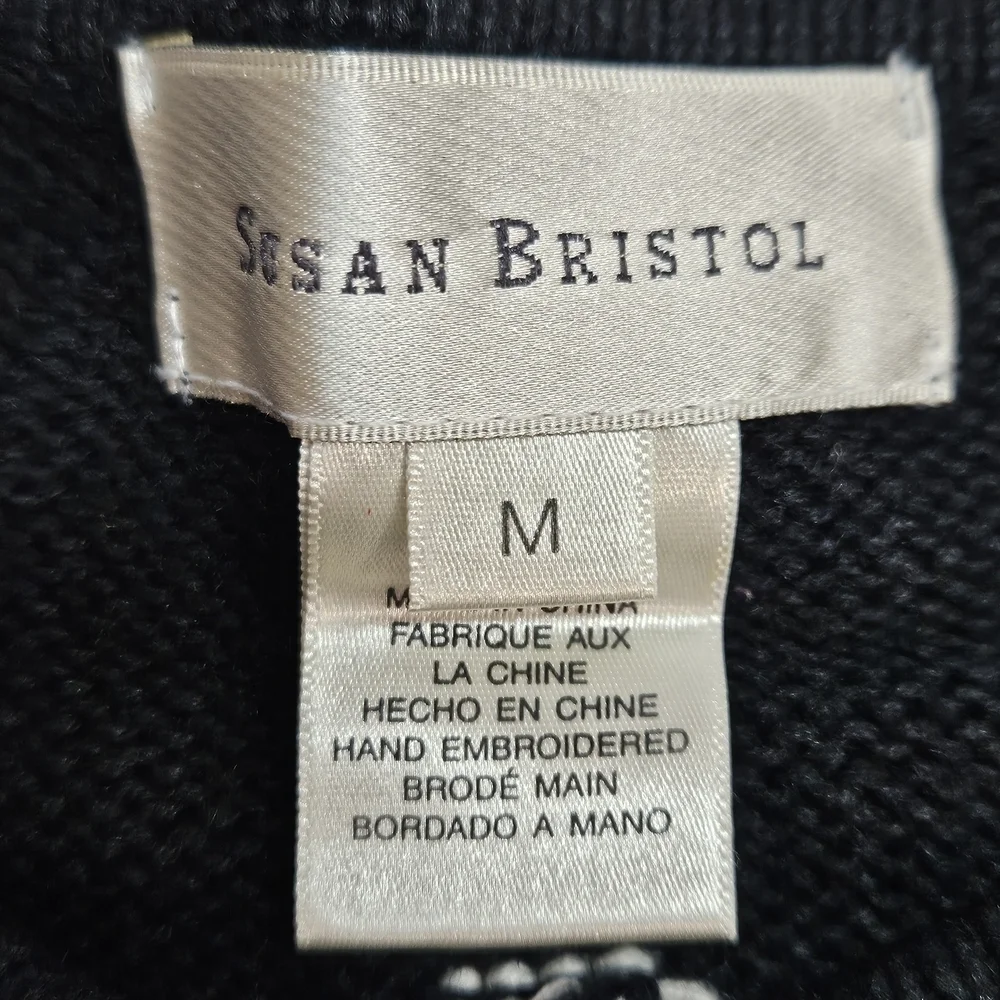 NEW Susan Bristol Embellished Beaded Snowmen Black Cardigan Sweater Medium